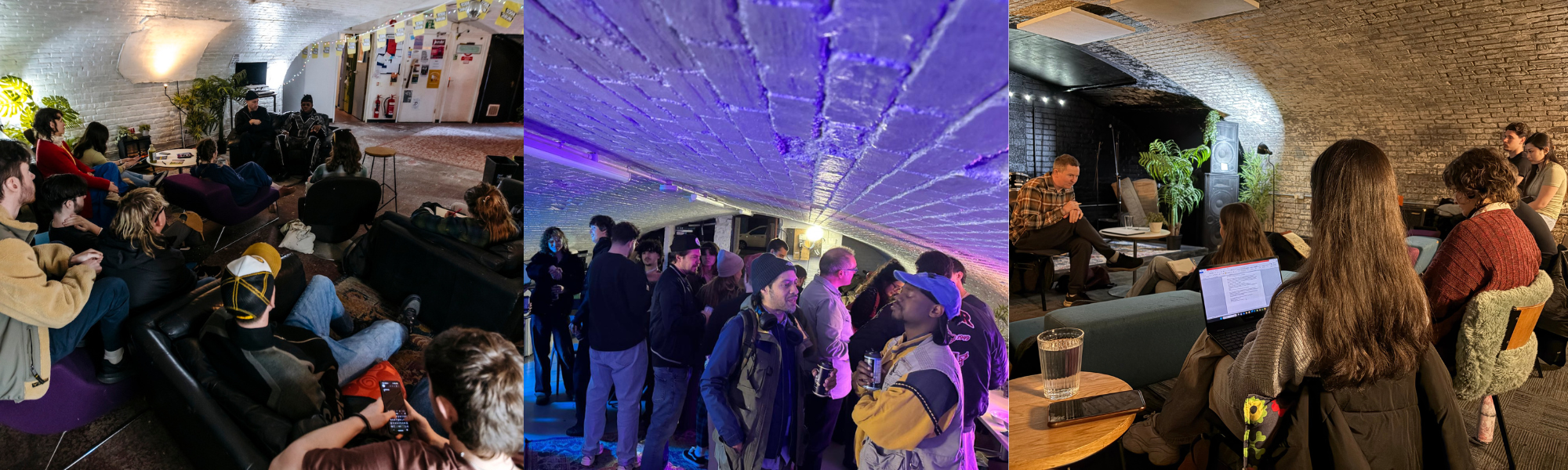 Three different indoor social gatherings: a seated discussion group with about ten people in a cozy room, a lively crowd at a party with colorful lighting and a decorated ceiling, and a small, intimate meeting in a space with brick walls where a person is speaking while others listen.