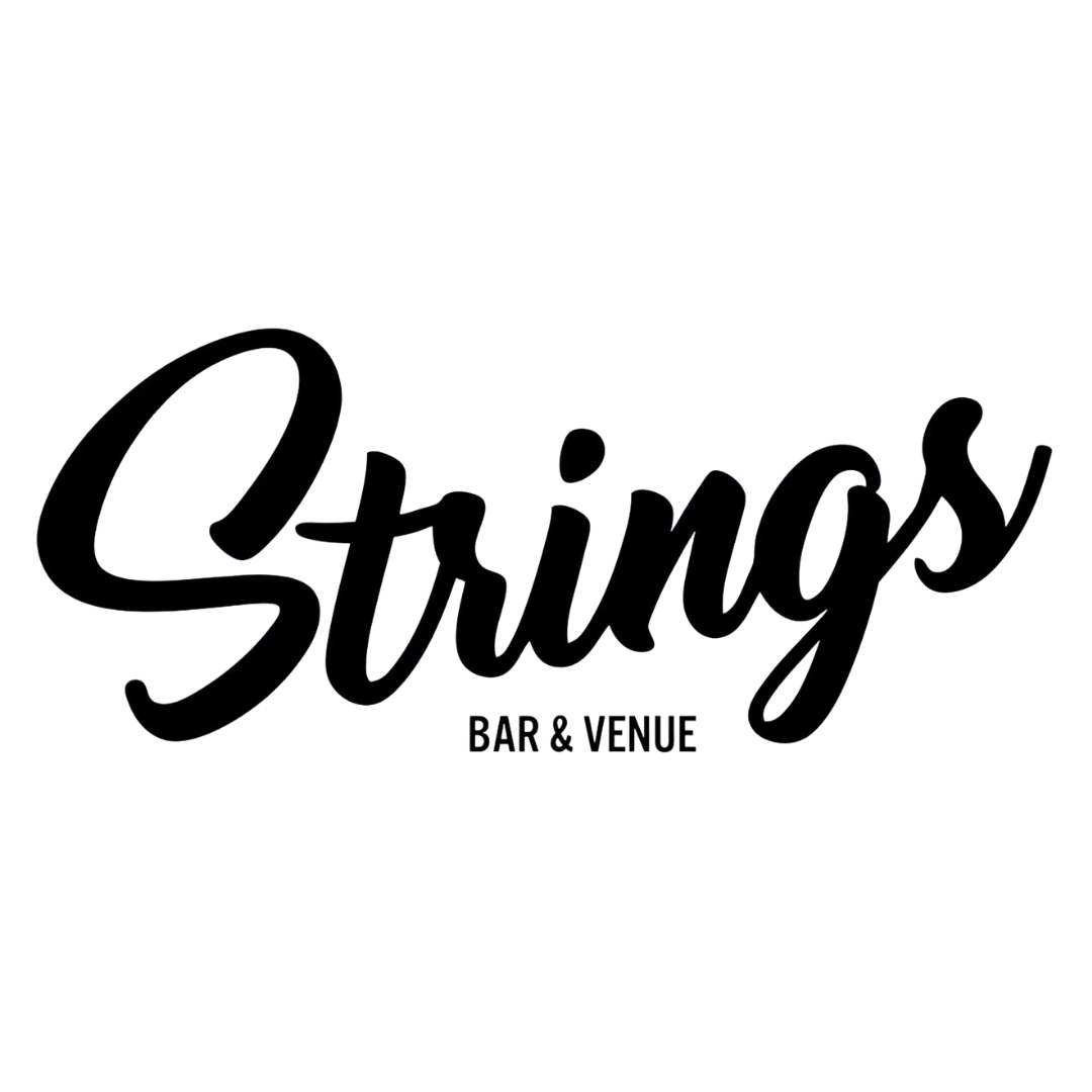 Logo for Strings Bar & Venue in black script font on white background.