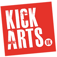 Red square logo with distressed white text 'KICK ARTS OK'