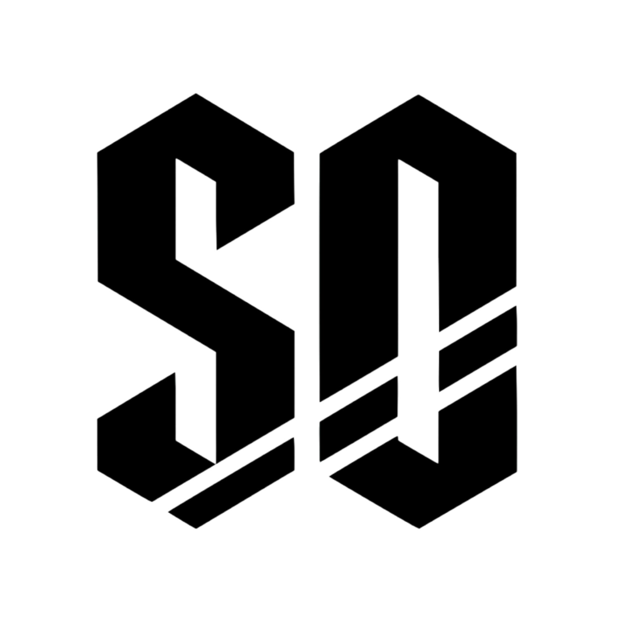 A black and white isometric illustration of a cube with six smaller cubes on its sides, resembling a modular structure.