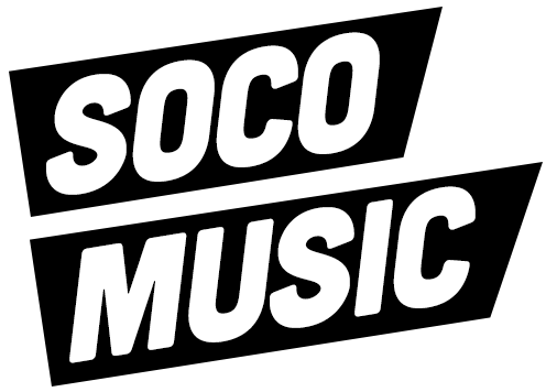 SOCOMUSIC logo in black and white with bold, stylized text.