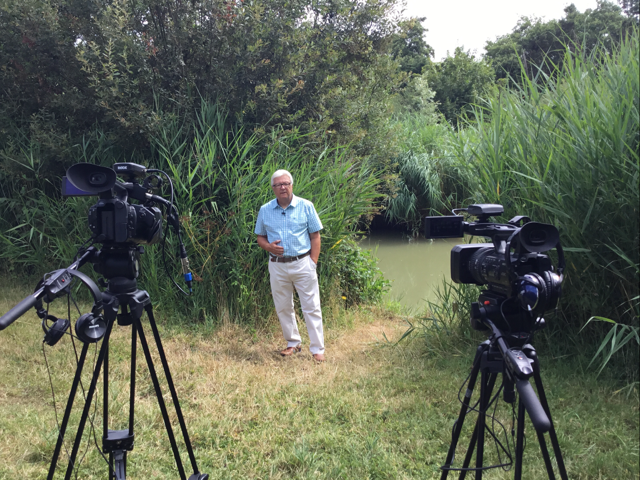 A man standing outdoors near a body of water, surrounded by tall green grass, with two professional video cameras set up and pointed toward him.