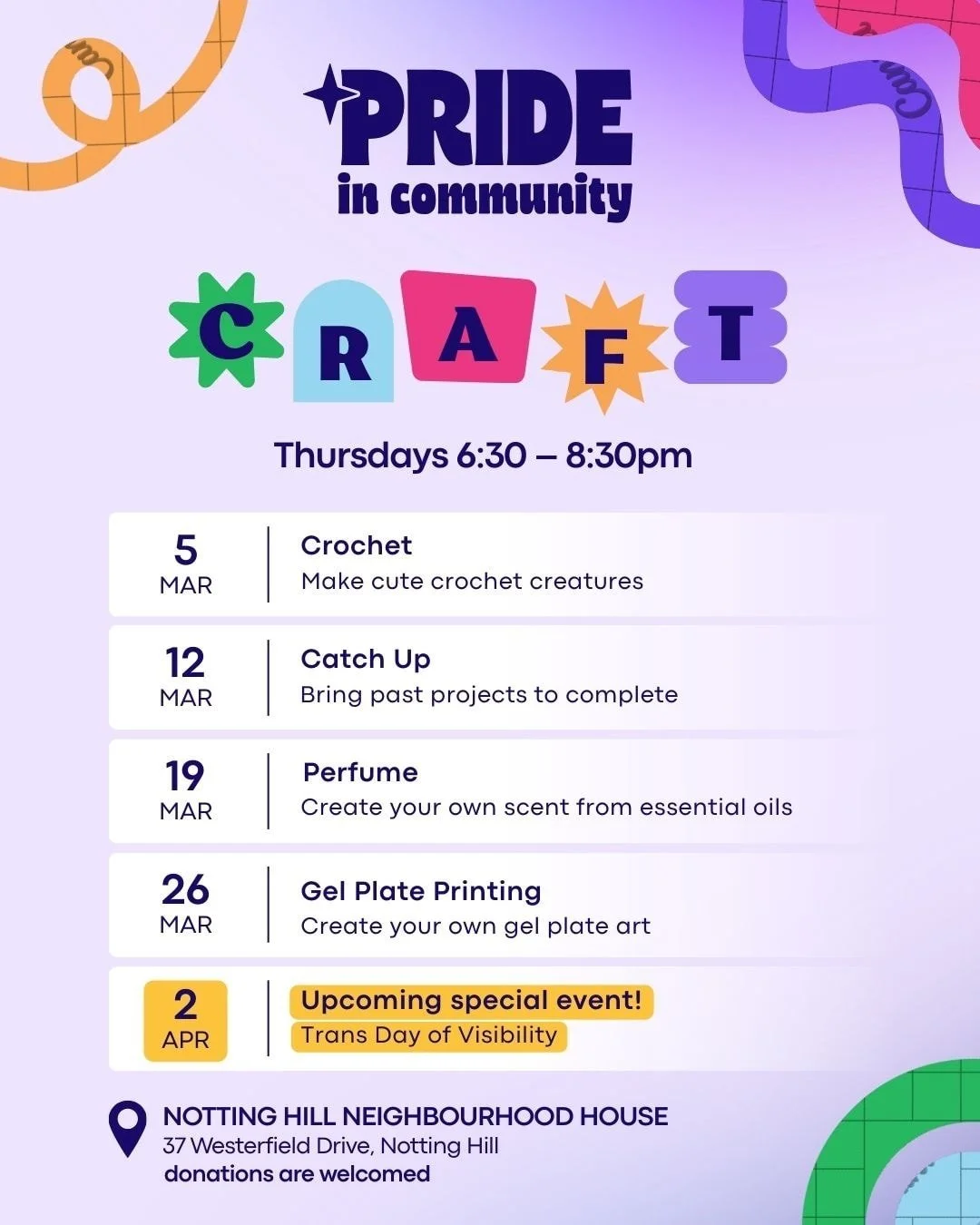 🌈Queer Craft ✨
Happy autumn! If you like arts &amp; craft, come along Thursgays to the The Notting Hill Neighbourhood House. We are running a weekly Arts &amp; Crafts event for the LGBTQIA+ community. During the month of March we are crocheting, per