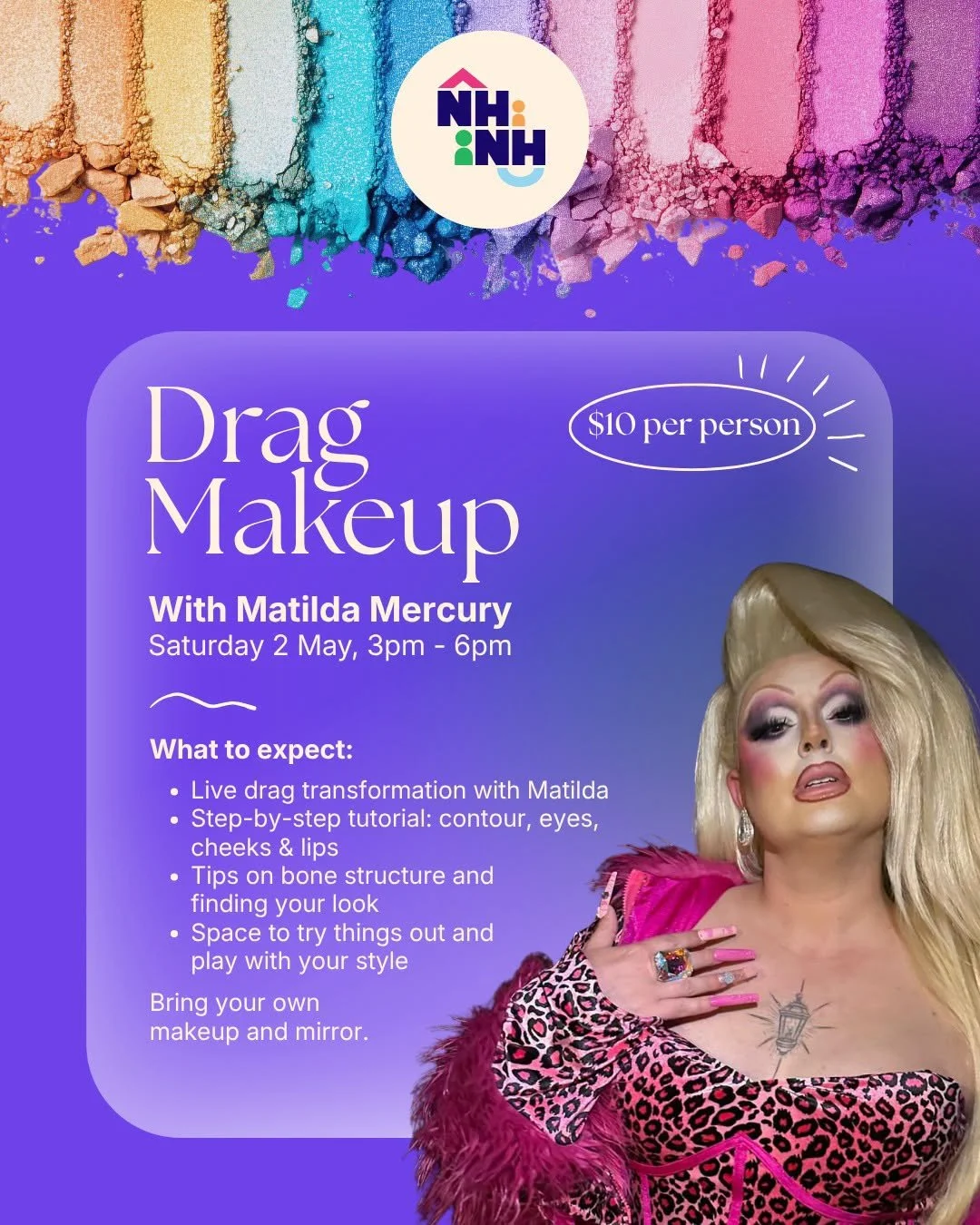 ✨ Join Matilda Mercury for a fun and welcoming introduction to the art of drag makeup! ✨
&lrm; 
Hi Neighbours! Curious about bold looks, creative expression, or wanting to try something new? This hands-on session is a safe and family-friendly space t