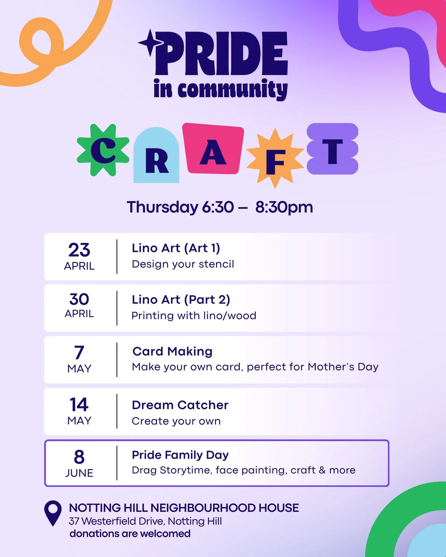🌈Queer Craft ✨

Happy term 2! If you like arts &amp; craft, come along Thursgays to the The Notting Hill Neighbourhood House. We are running a weekly Arts &amp; Crafts event for the LGBTQIA+ community. For the first half of the term we are creating 