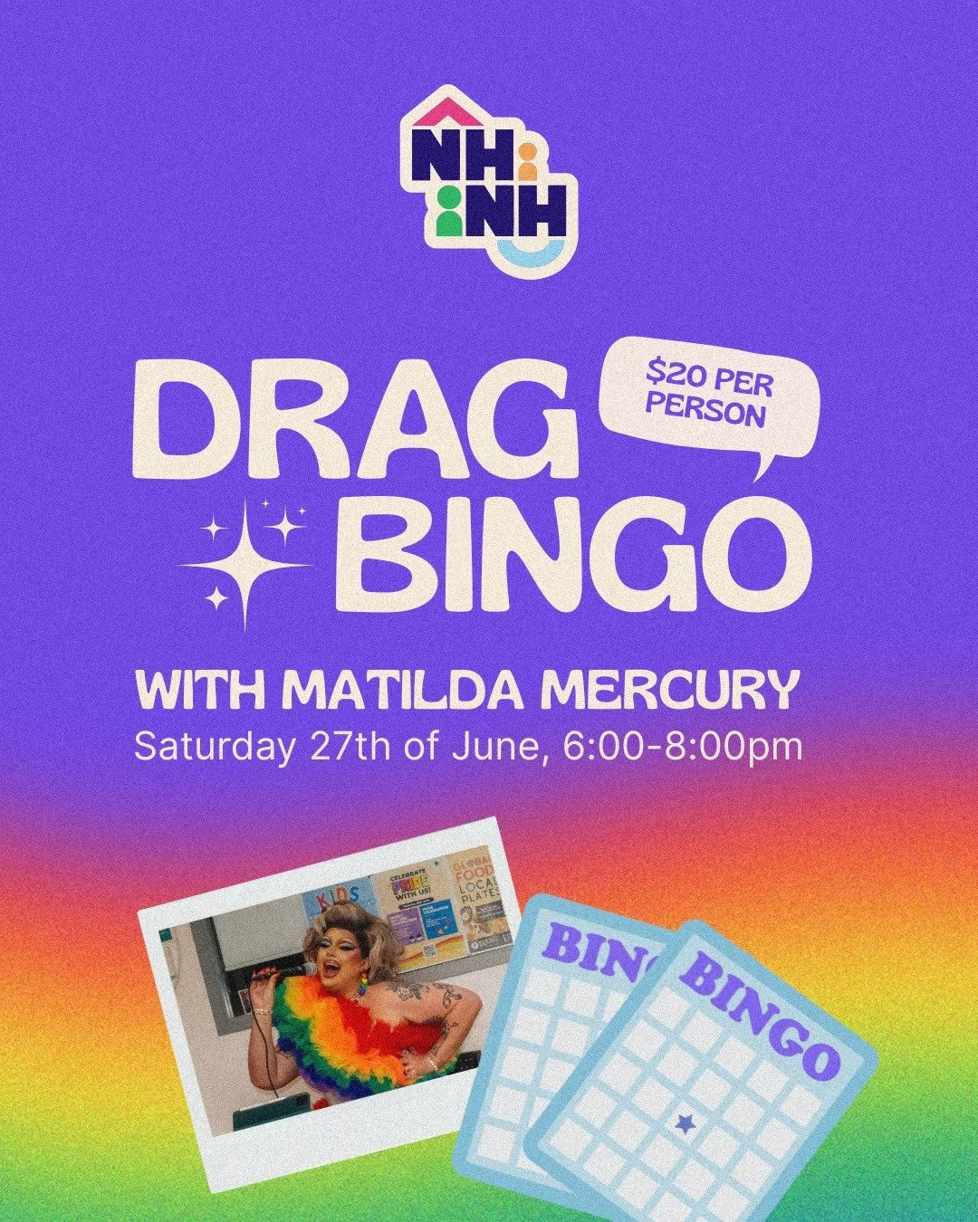 🌈✨ Get ready for an evening of laughter, sparkle, and fabulous fun as the incredible Matilda Mercury brings Pride Drag Bingo to Notting Hill Neighbourhood House! 💃🎉

Join us on Friday 27 June from 6-8pm for a family-friendly Pride celebration pack