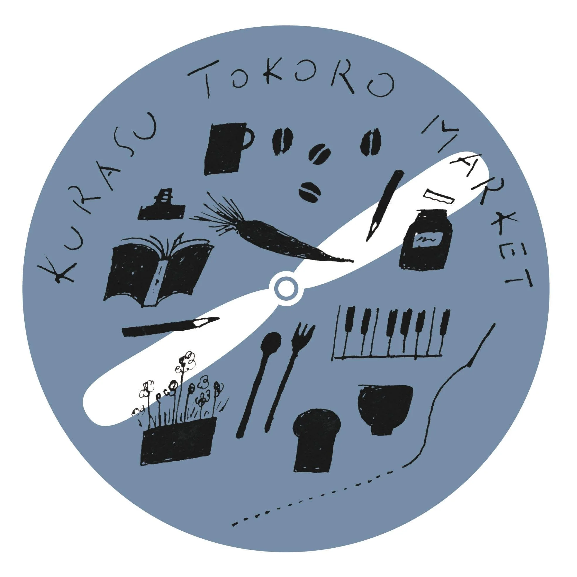 時計の文字盤に本や花、コーヒー豆や食器などのクラフトマーケットのアイテムが描かれたイラストとKURASU TOKORO MARKETと描かれているデザイン