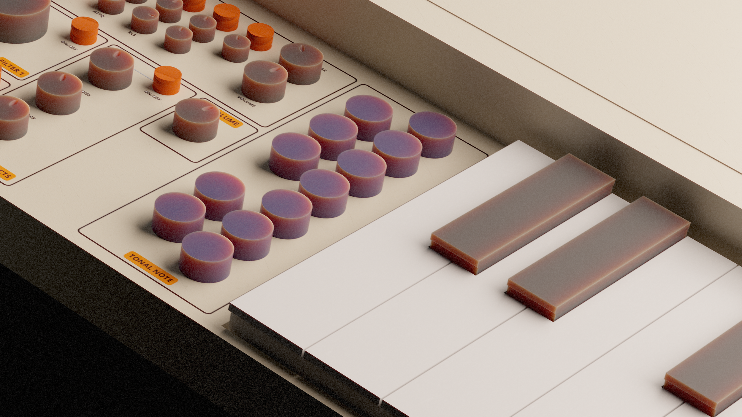 Close-up of a musical synthesizer with purple and orange round knobs, rectangular sliders, and printed labels including 'FILTER 1', 'VOLUME', and 'TONAL NOTE'.