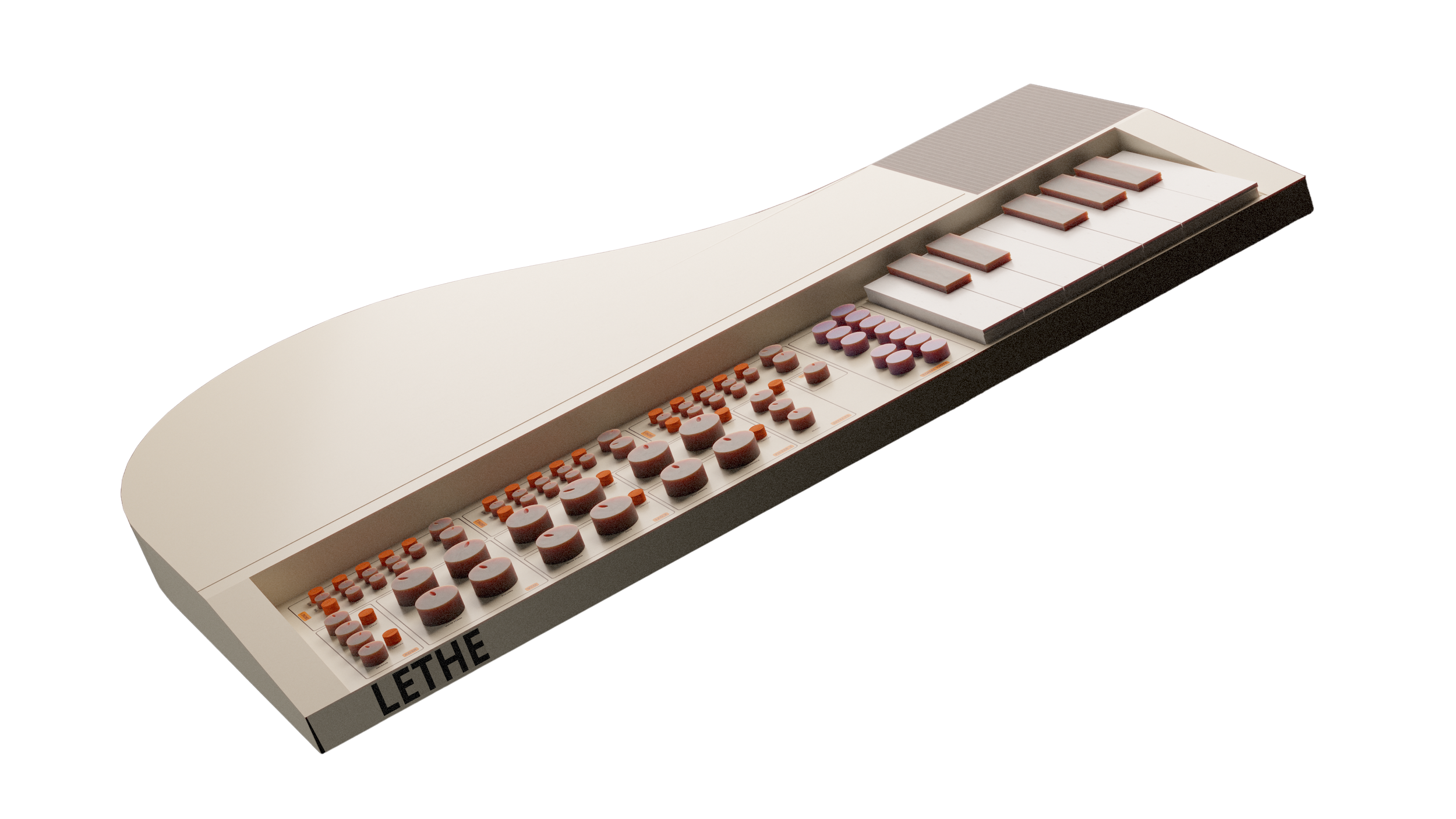 A miniature keyboard with a white base, featuring orange, red, purple, and white keys, with the word 'LETHE' written on the side.