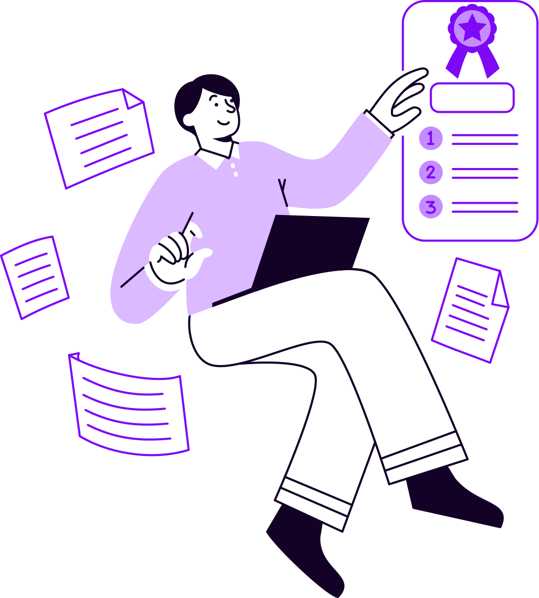 An illustration of a person sitting with a laptop, surrounded by floating papers, holding a pencil, and pointing to a list with a badge icon.