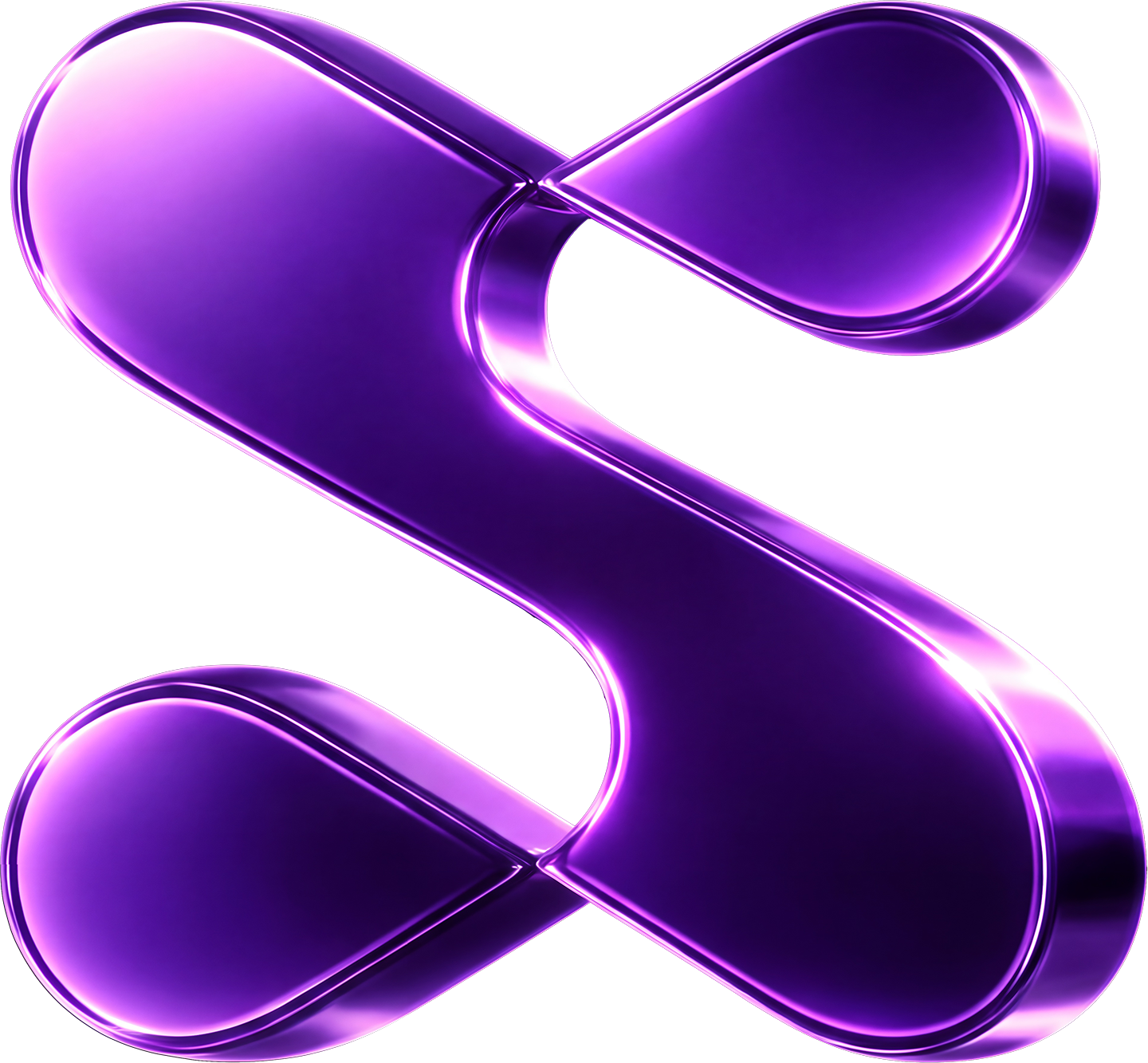 A neon purple stylized letter S with glowing edges and a reflective surface.