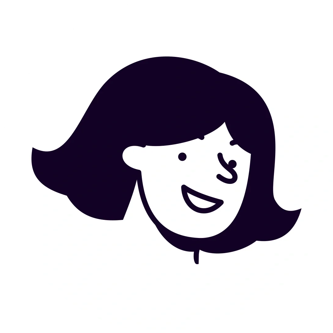 Black and white illustration of a smiling woman with shoulder-length hair.