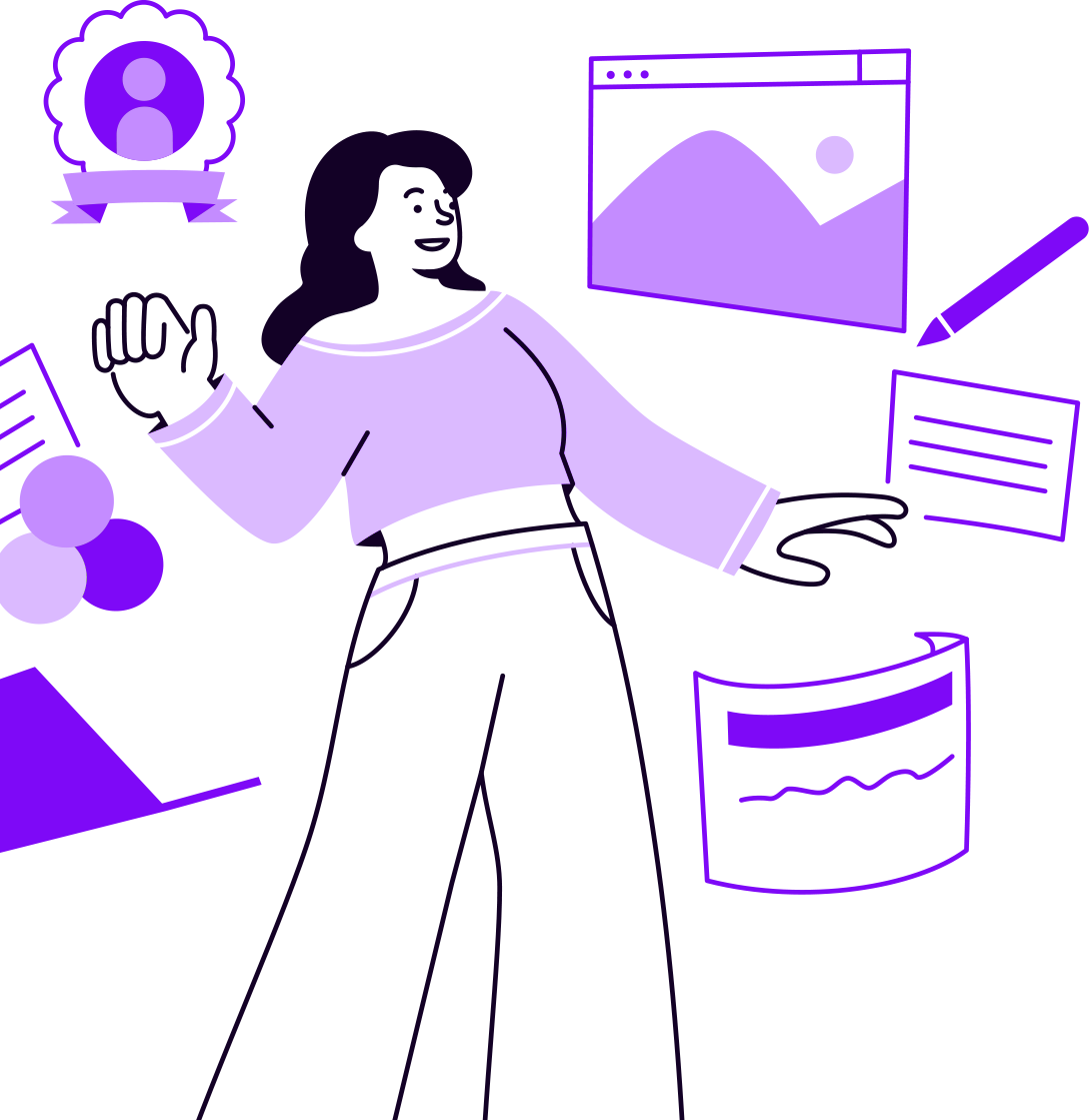 Illustration of a person surrounded by digital icons and graphics, including a web browser window, a photograph, a document, and a profile badge, all in purple tones.
