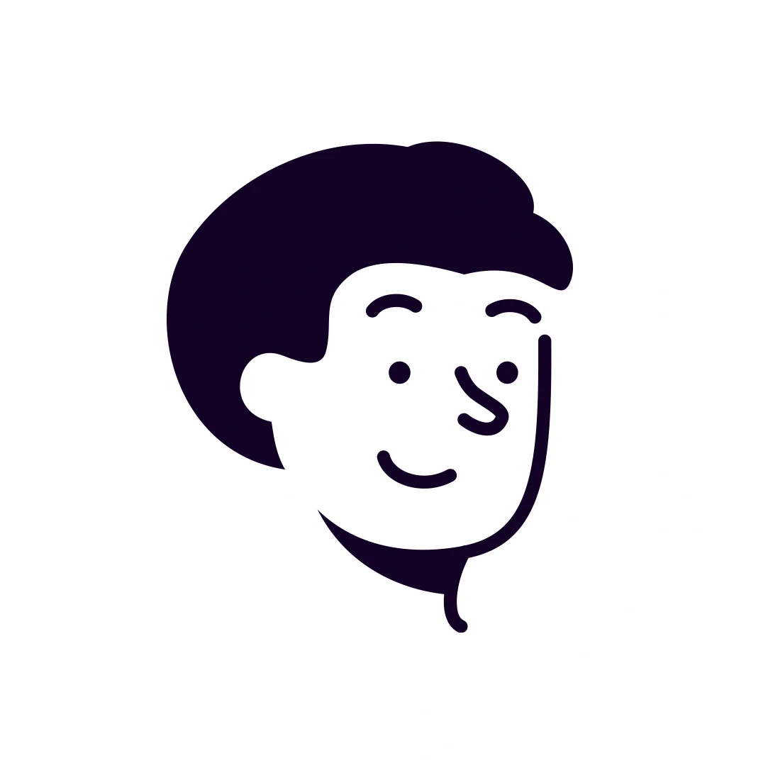 Simplified black and white illustration of a smiling person's face with short hair on a white circular background.