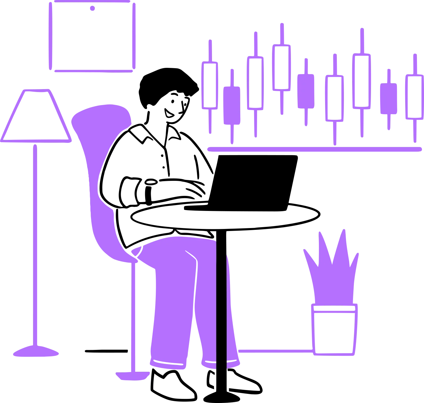 Silhouette of a person sitting on a chair, with a table lamp, a potted plant, and a window in the background, all illustrated in purple outline style.