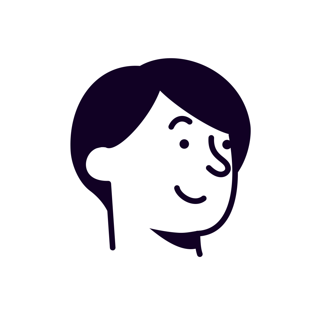 Simple black and white illustration of a smiling person's face in profile.