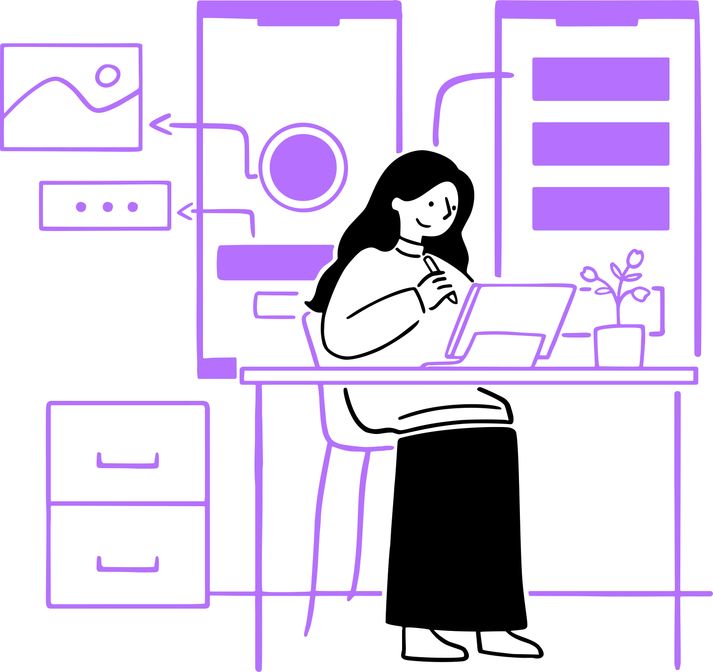 Line drawing of a workspace with a desk, laptop, open book, potted plant, shelving, filing cabinet, and wall art, all outlined in purple on a black background.