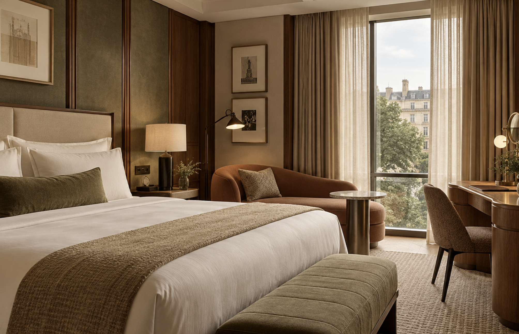 Boutique hotel bedroom concept by Aoife Maria Interiors showing layered interior architecture, bespoke joinery, lighting, furniture and finishes.