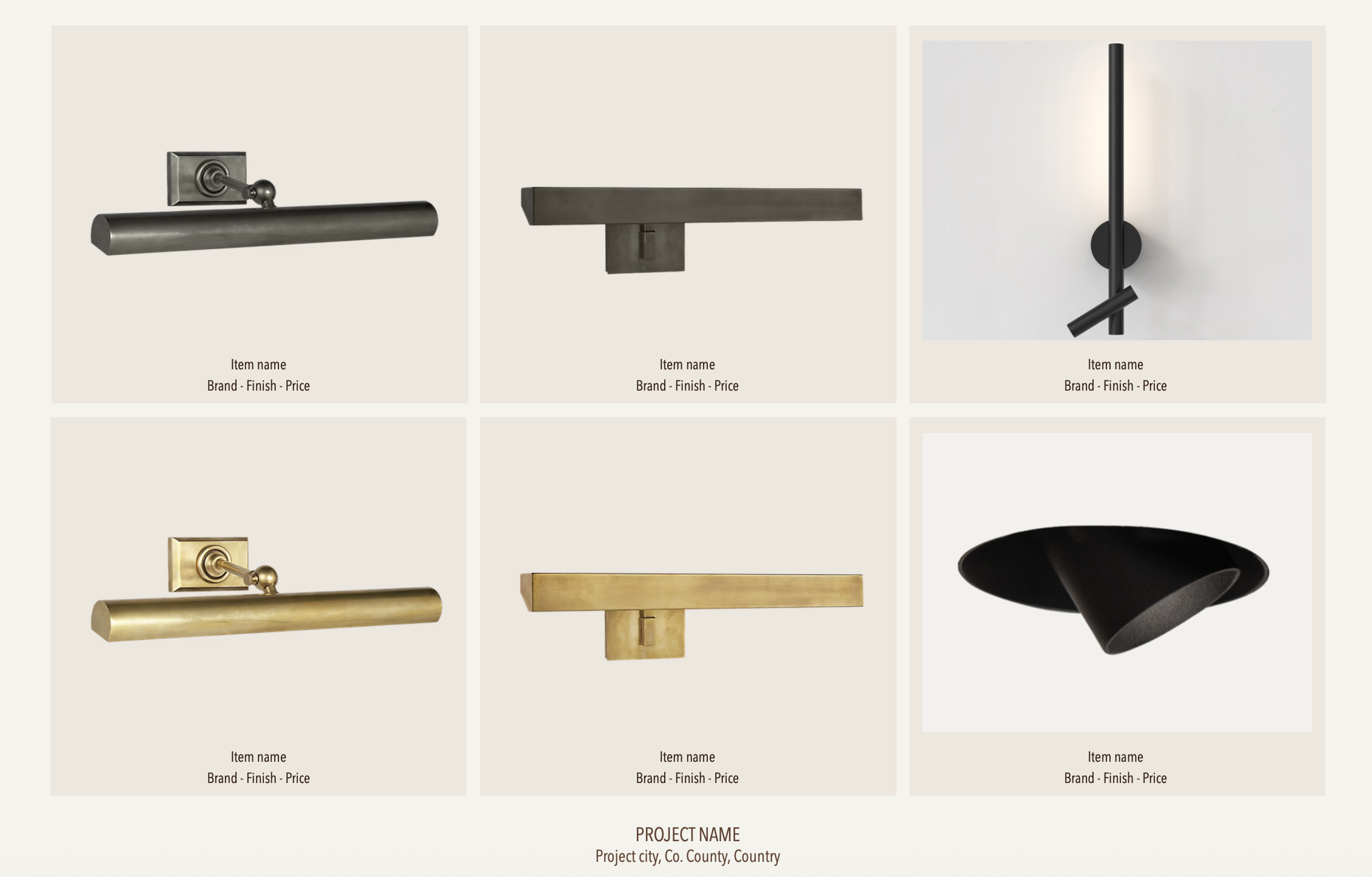 Residential lighting specification by Aoife Maria Interiors showing selected fittings and finishes for a coordinated interior scheme.