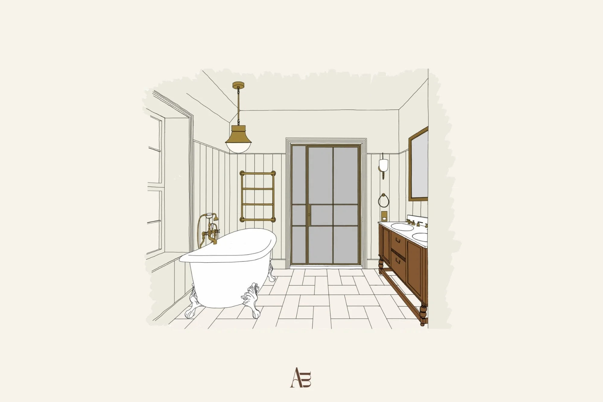 Bathroom design development for Deerpark Residence by Aoife Maria Interiors, showing a freestanding bath, bespoke vanity, wall panelling and brass detailing.