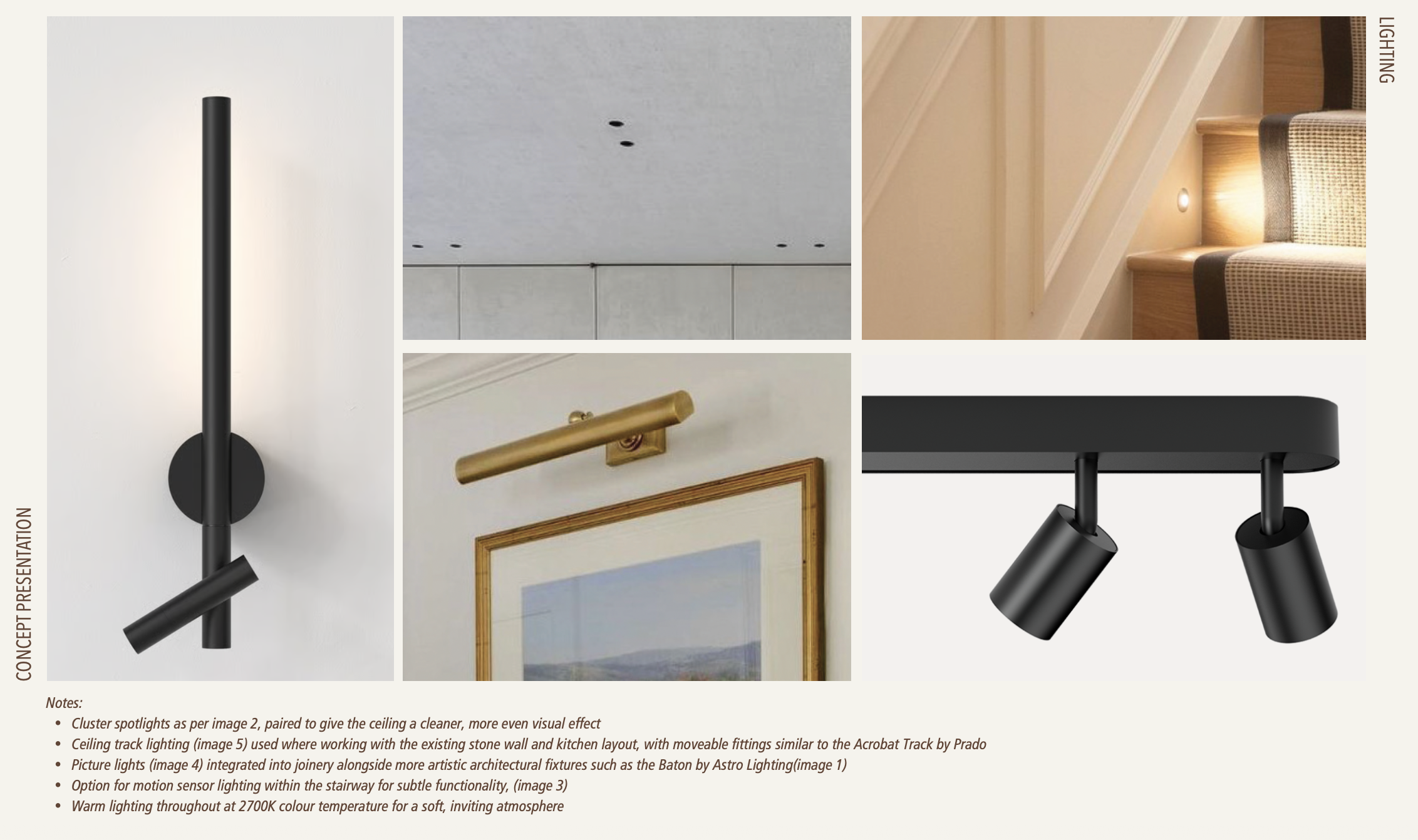 Residential lighting concept by Aoife Maria Interiors showing architectural lighting, picture lights and track lighting options.