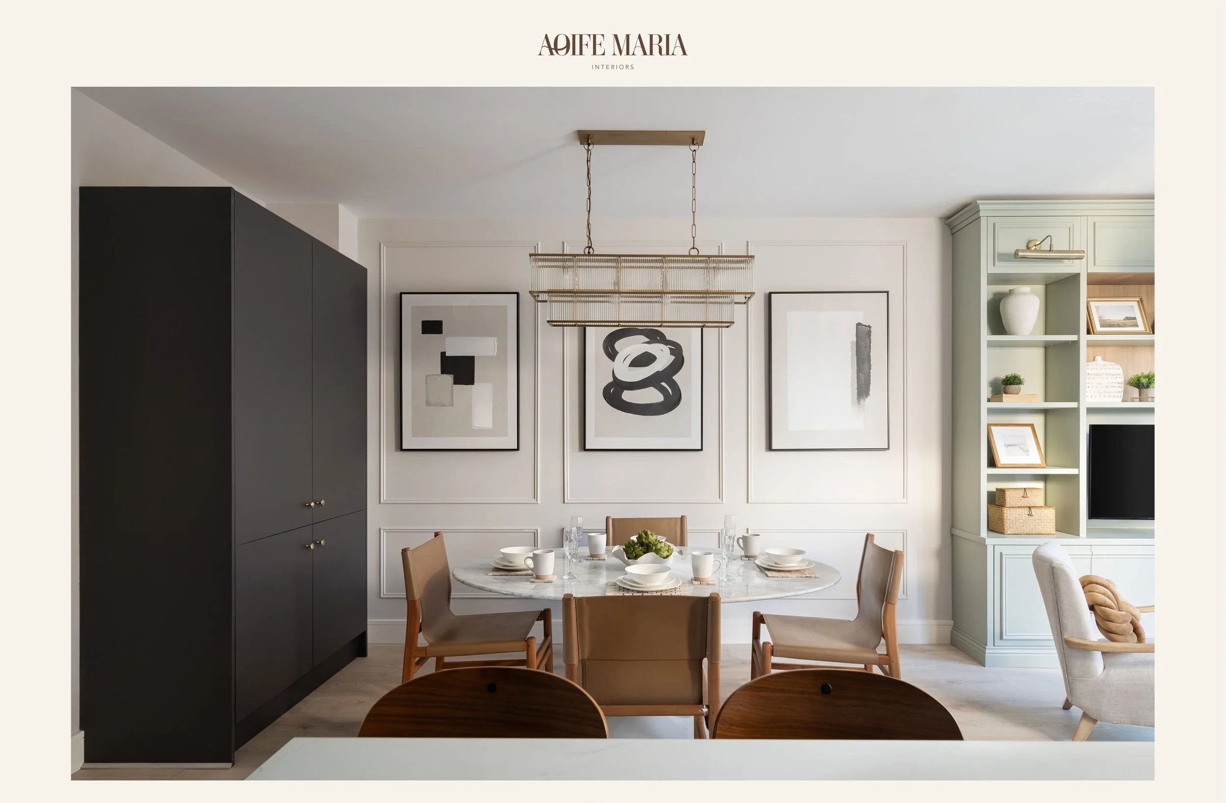 Show home dining and living interior by Aoife Maria Interiors, featuring bespoke joinery, furniture, lighting and architectural detailing.