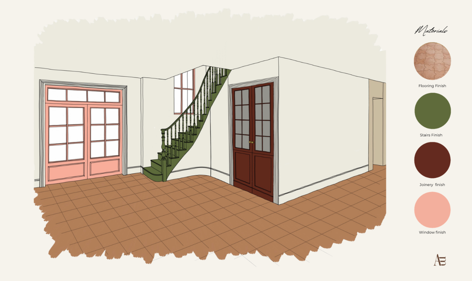 Entrance hall design illustration for Deerpark Residence by Aoife Maria Interiors, showing a green staircase, pink entrance doors, terracotta flooring and proposed material finishes.