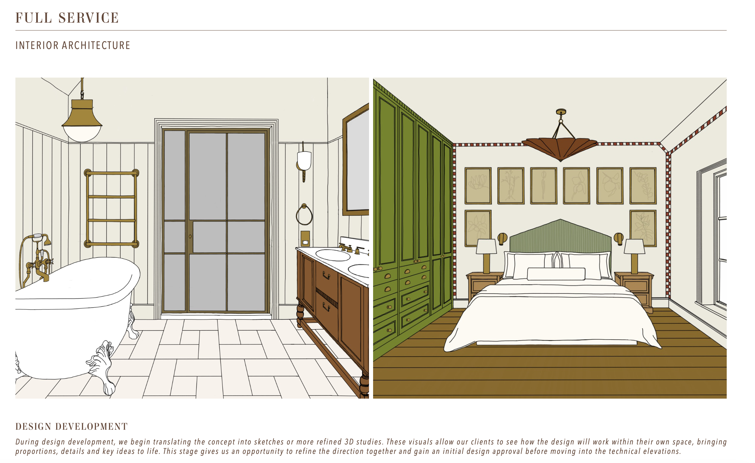 Interior design development sketches by Aoife Maria Interiors showing bathroom and bedroom layouts, bespoke joinery and architectural details.
