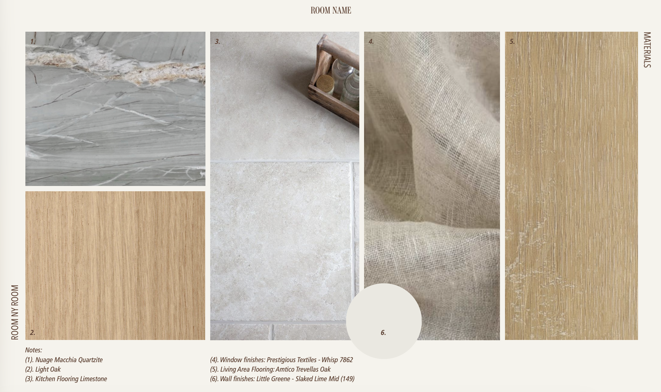 Interior materials and finishes selected by Aoife Maria Interiors for an online design scheme, including stone, timber, flooring, paint and window finishes.