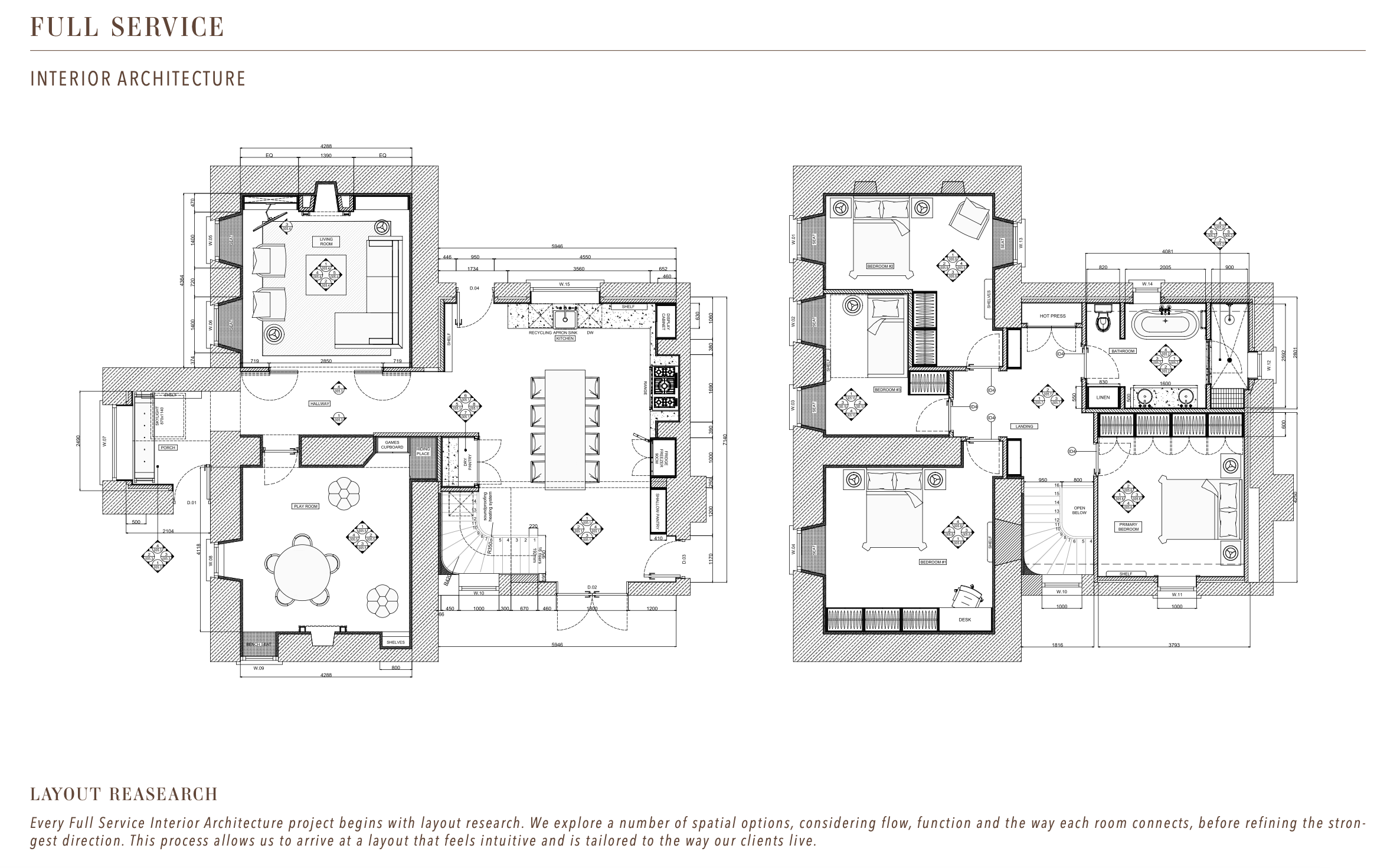 Ground and first-floor layout studies by Aoife Maria Interiors showing space planning, circulation and furniture layouts developed during a full-service interior design project.