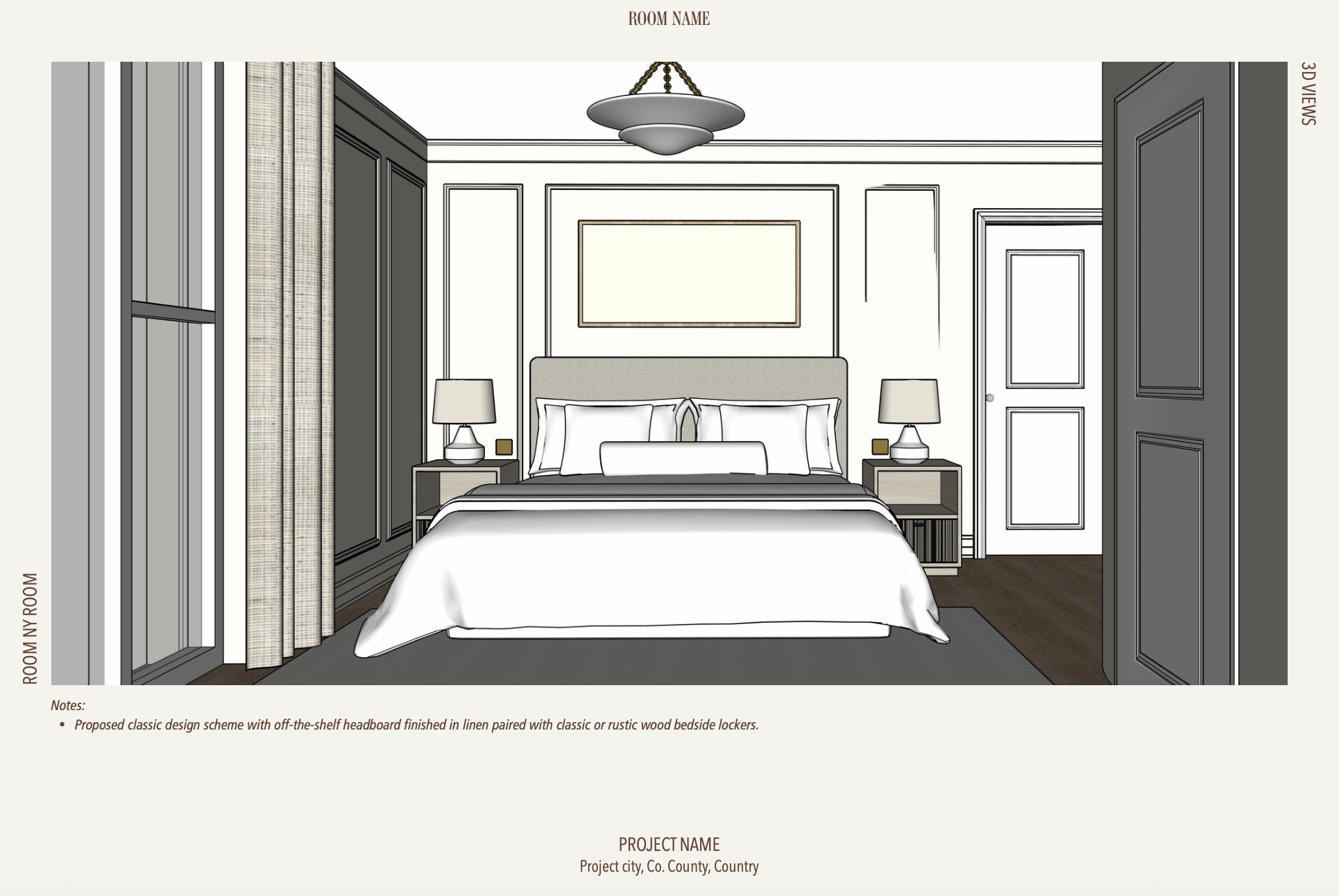 3D bedroom design by Aoife Maria Interiors showing furniture, lighting and finishes developed through the online interior design service.