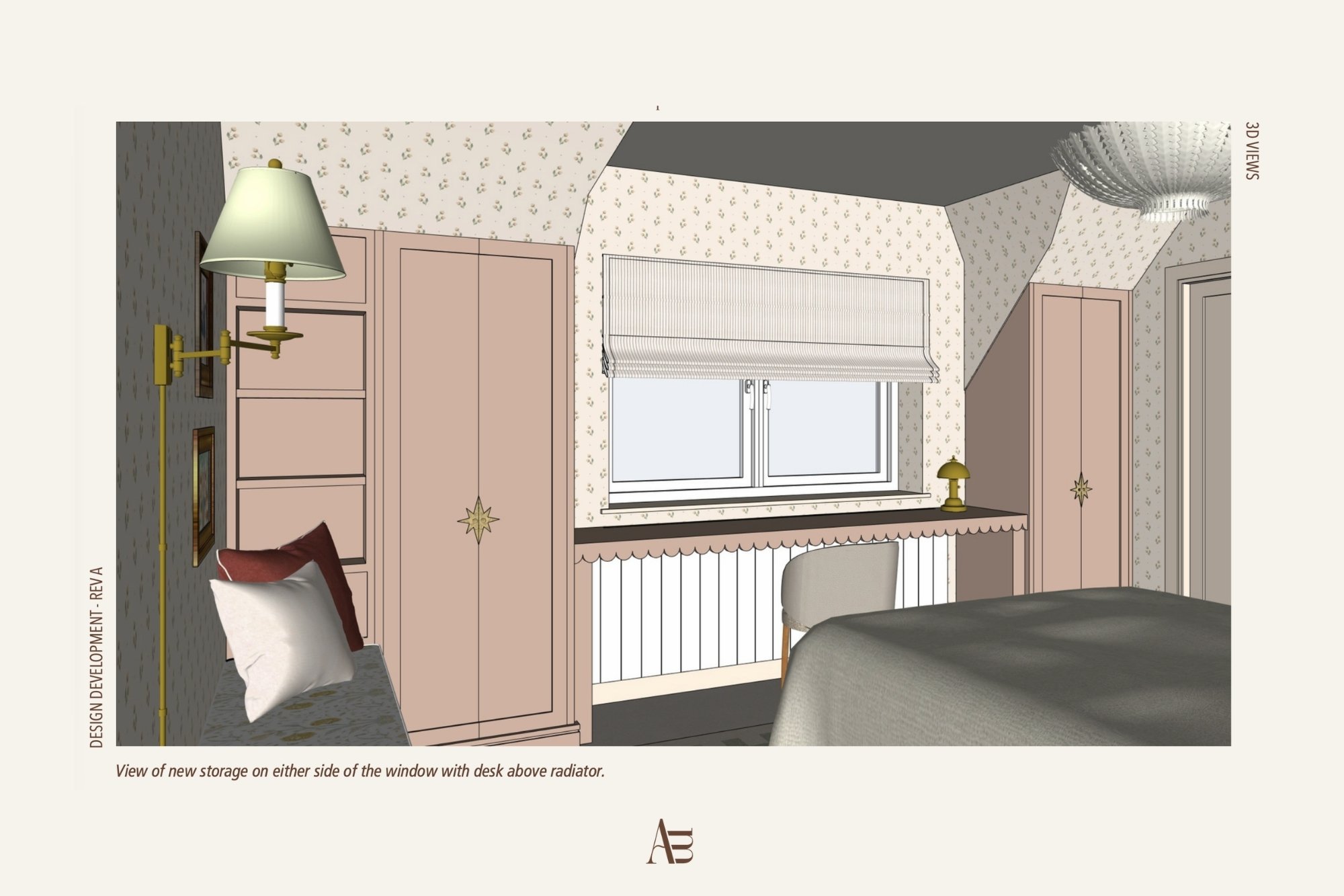 Bespoke bedroom joinery design by Aoife Maria Interiors with built-in storage and a desk positioned above the radiator.