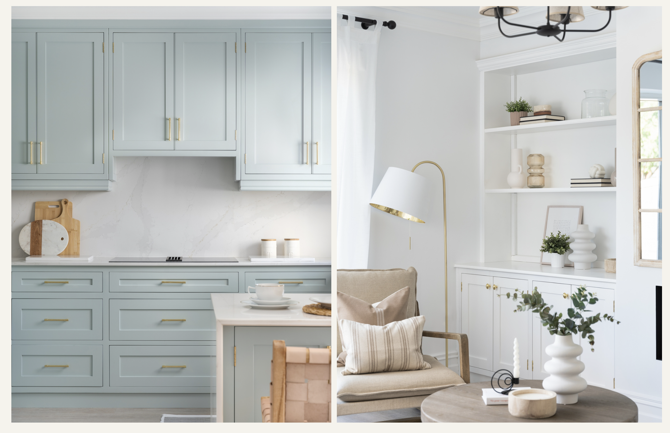 Completed Killarney Townhouse show home interiors by Aoife Maria Interiors, showing bespoke kitchen cabinetry and living-room joinery.