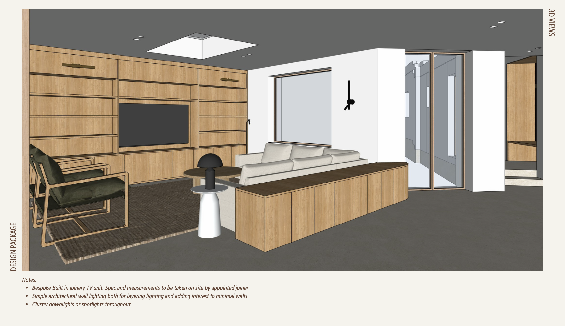 3D residential interior by Aoife Maria Interiors showing bespoke joinery, furniture planning and architectural wall lighting.