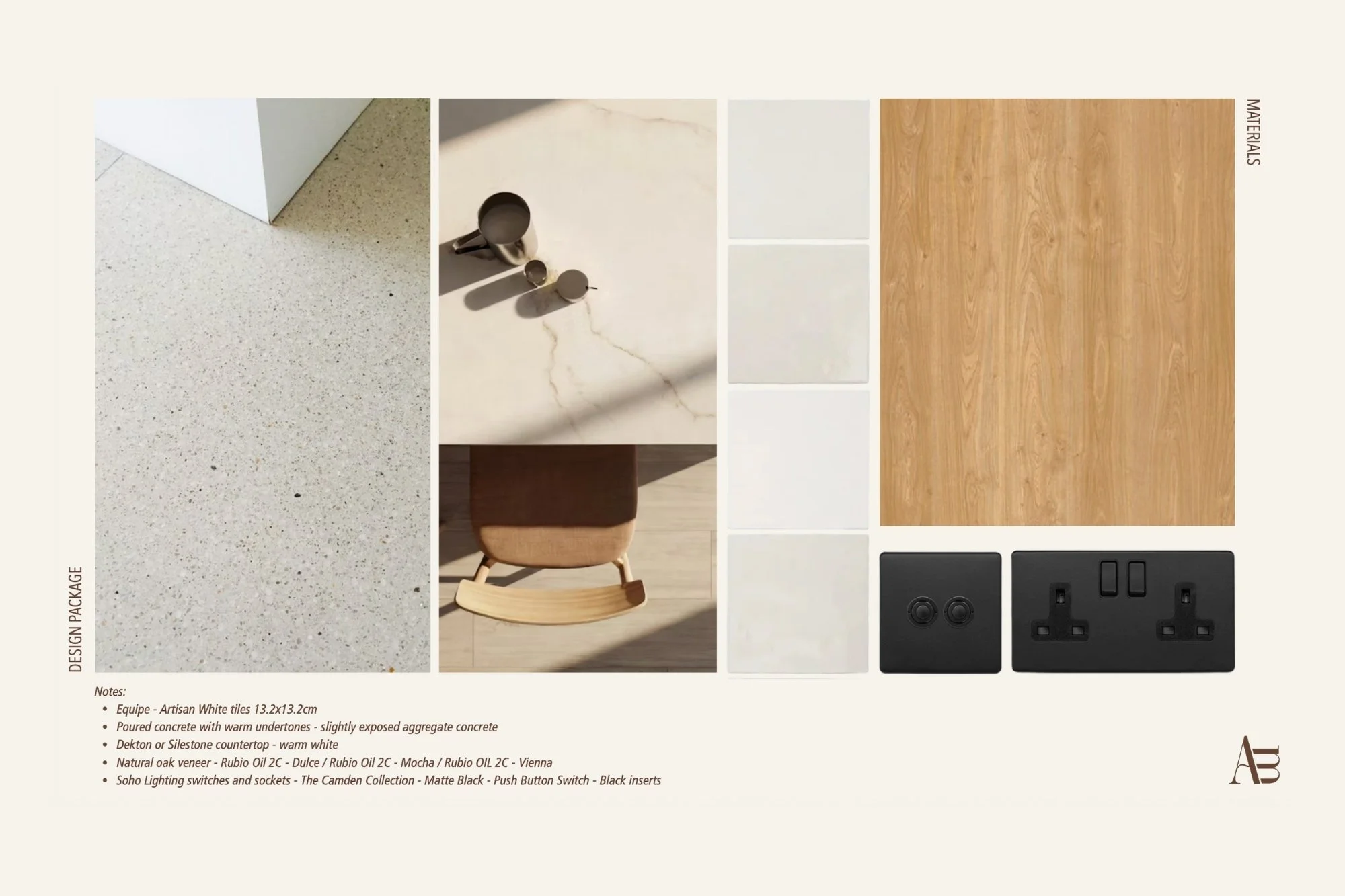 Interior design materials and finishes presentation by Aoife Maria Interiors featuring timber, stone, tile and electrical fittings.
