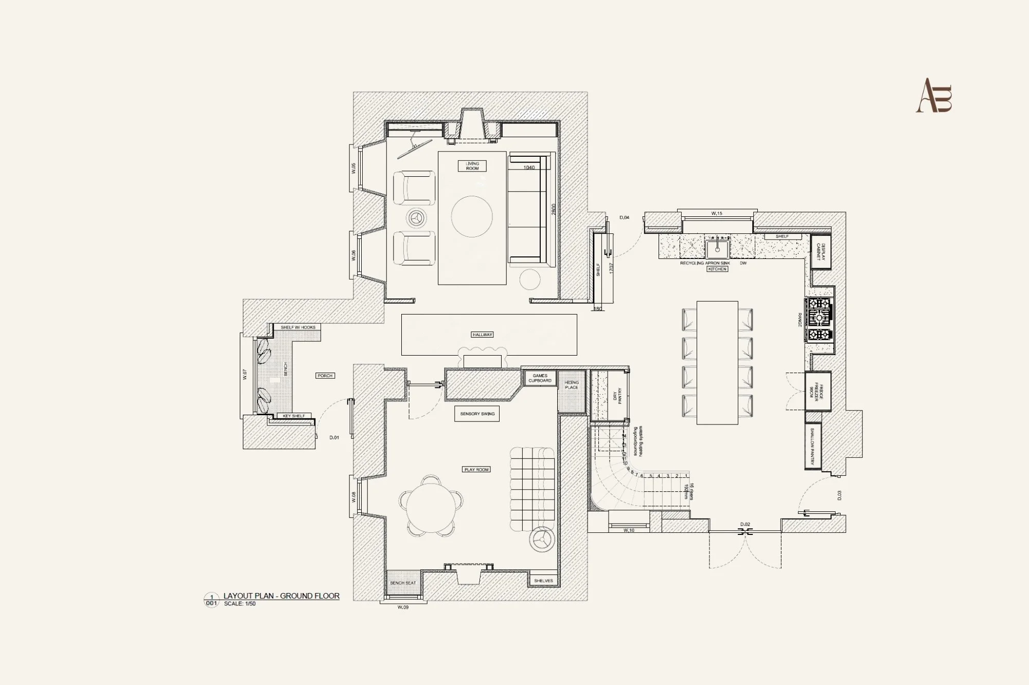 Residential ground-floor space plan by Aoife Maria Interiors showing kitchen, living, circulation and furniture layouts.