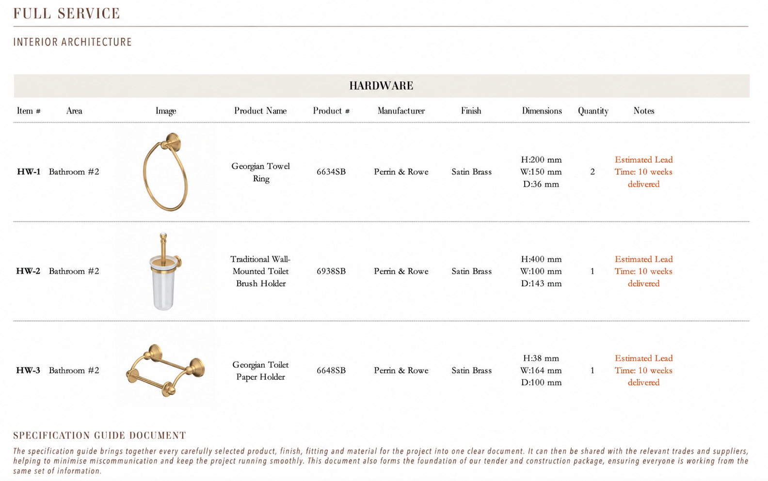 Interior specification guide by Aoife Maria Interiors showing selected hardware, manufacturers, finishes, dimensions, quantities and supplier information.
