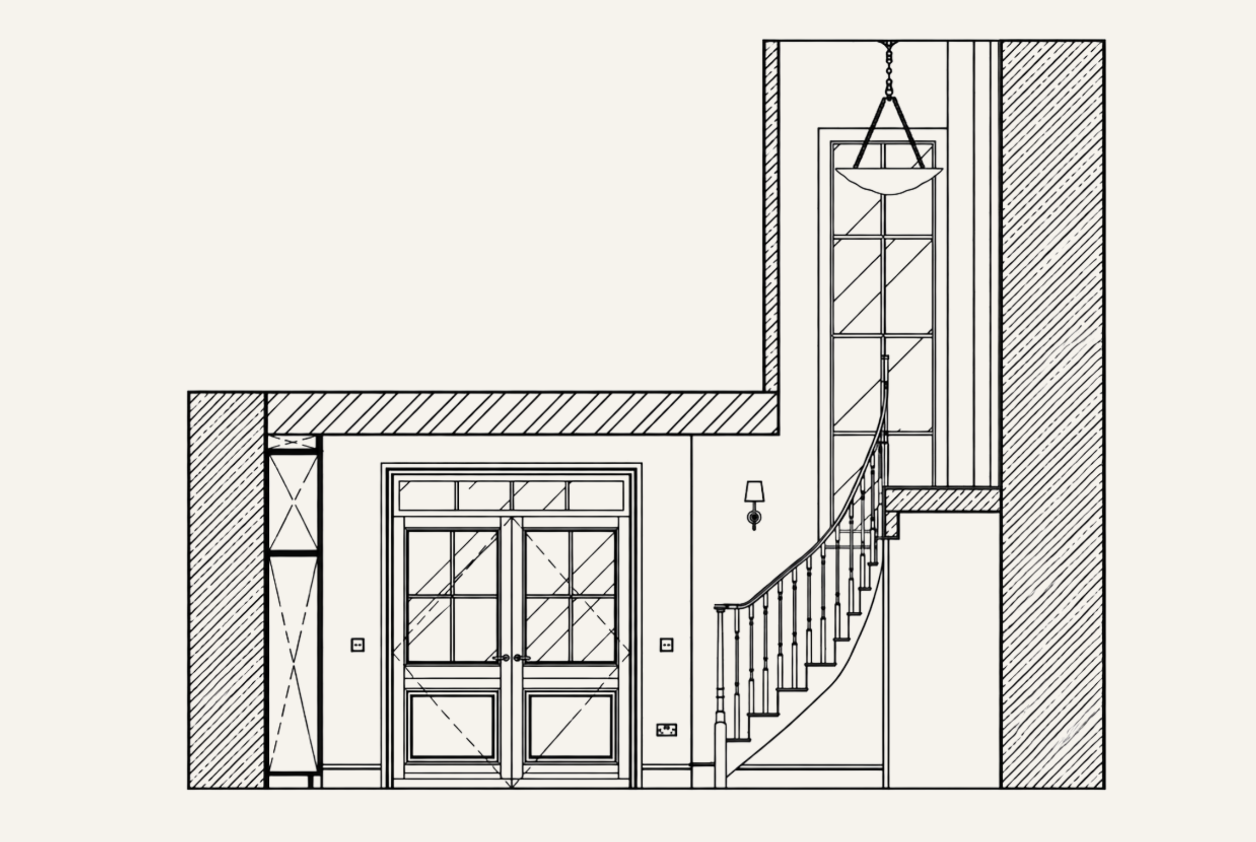 Architectural elevation of the entrance hall at Deerpark Residence by Aoife Maria Interiors, showing the staircase, double entrance doors, pendant lighting and wall lights.