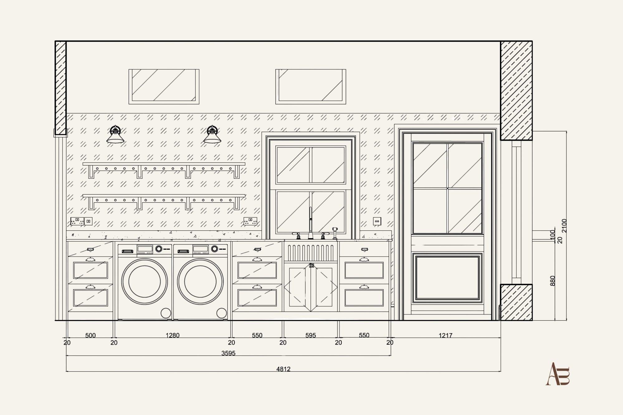 Detailed bespoke joinery elevation by Aoife Maria Interiors showing cabinetry, finishes, dimensions and integrated appliances.