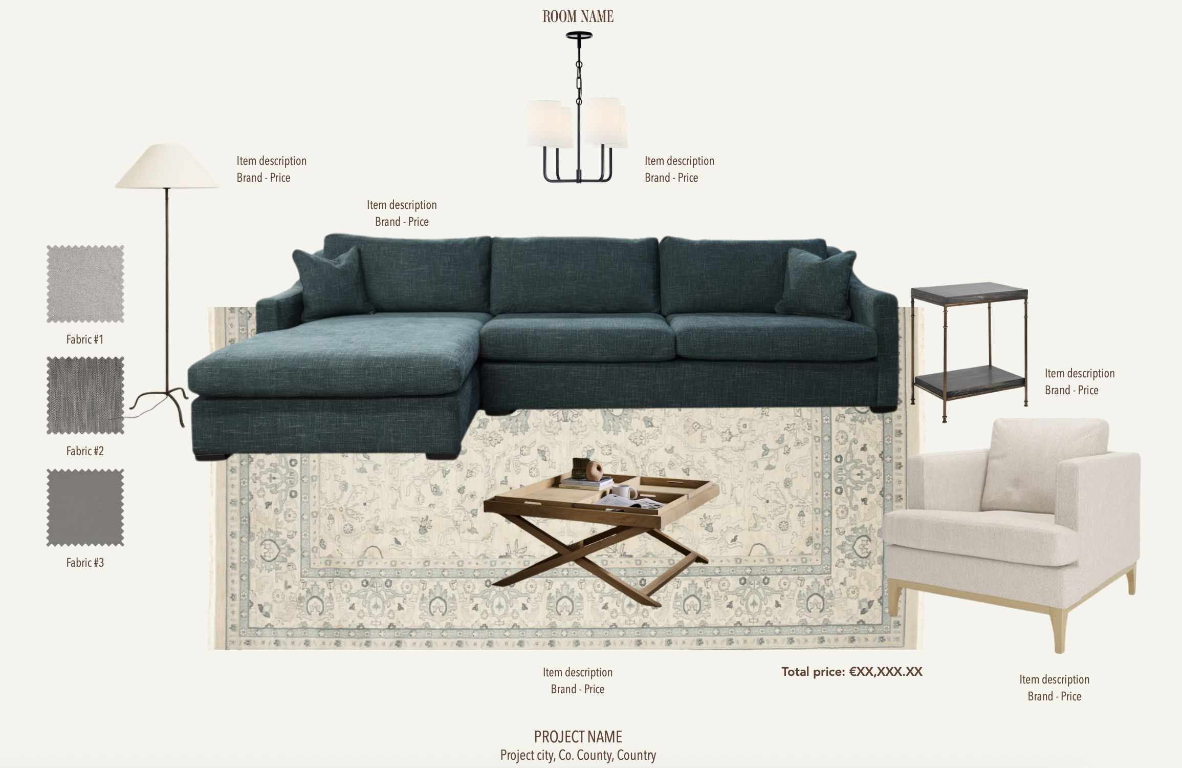 Furniture and fabric selection board by Aoife Maria Interiors showing proposed pieces, finishes and pricing for an online interior design project.