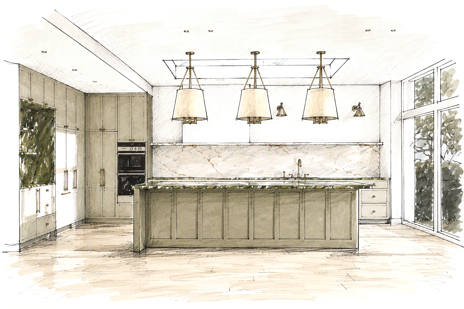 Sketch of a modern kitchen with a large island, pendant lights, built-in oven, and large windows showing outdoor greenery.