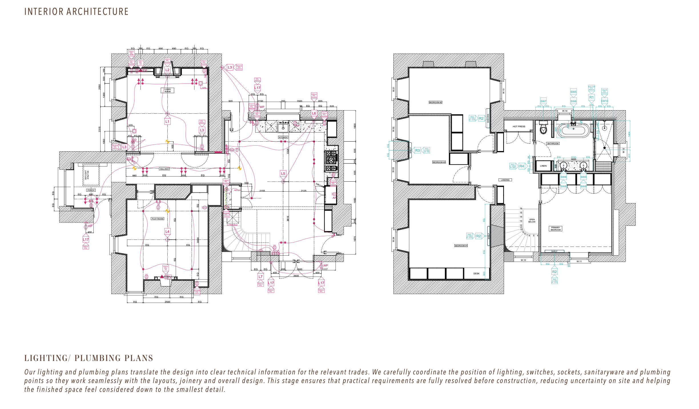 Lighting, electrical and plumbing plans by Aoife Maria Interiors showing coordinated positions for fittings, switches, sockets and sanitaryware.