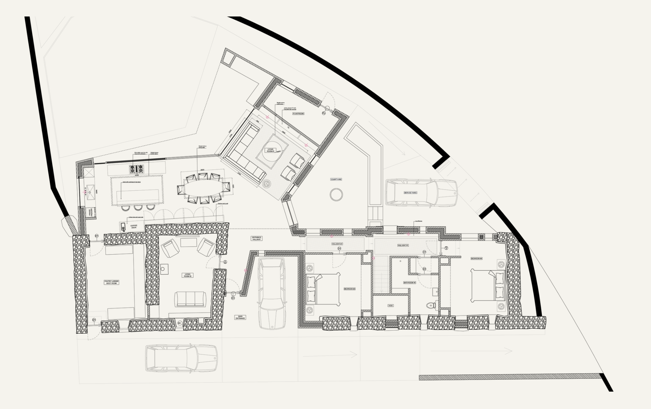 Residential floor plan reviewed by Aoife Maria Interiors to assess circulation, furniture planning and the relationship between adjoining spaces.