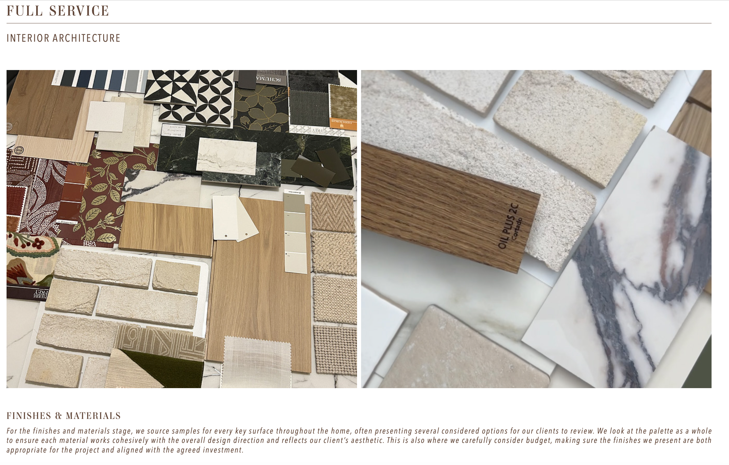 Interior material and finish samples selected by Aoife Maria Interiors, including timber, stone, tile, fabric and decorative finishes.