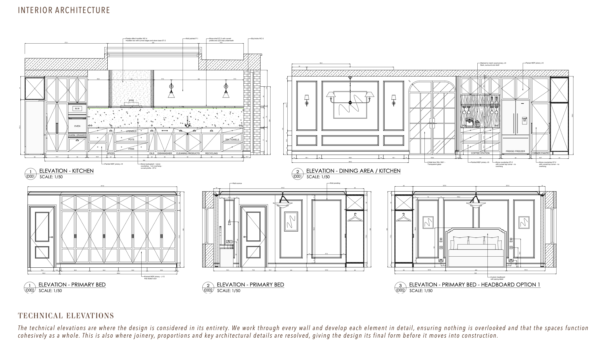 Technical interior elevations by Aoife Maria Interiors showing kitchen, dining and bedroom details for coordination with architects, contractors and joiners.
