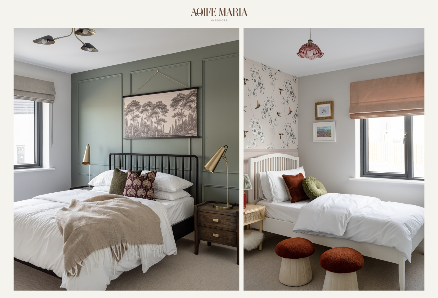 Completed bedroom interiors at The Steeples show home in Midleton, Co. Cork, by Aoife Maria Interiors.