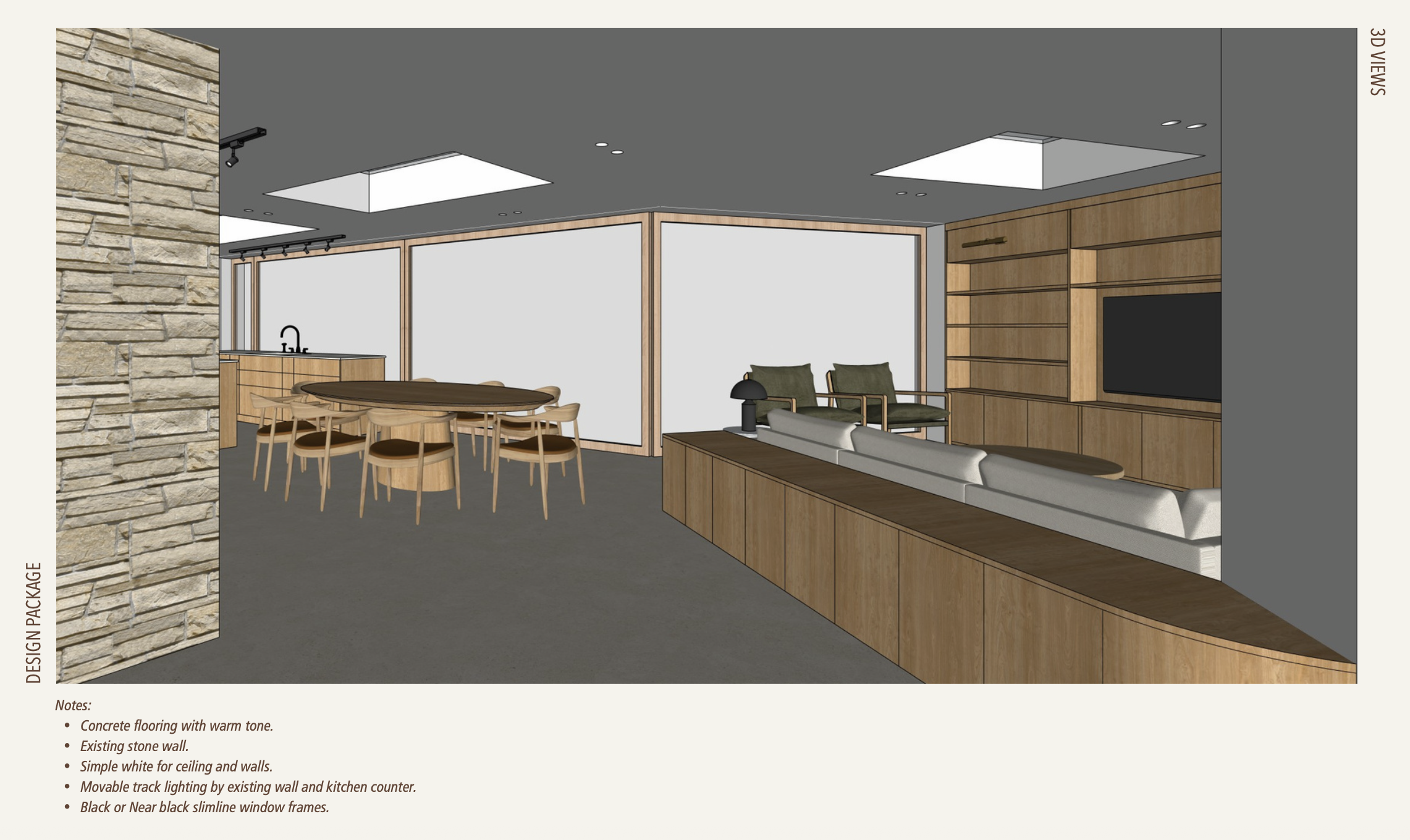 3D kitchen and dining layout by Aoife Maria Interiors showing furniture planning, circulation and the relationship between adjoining spaces.