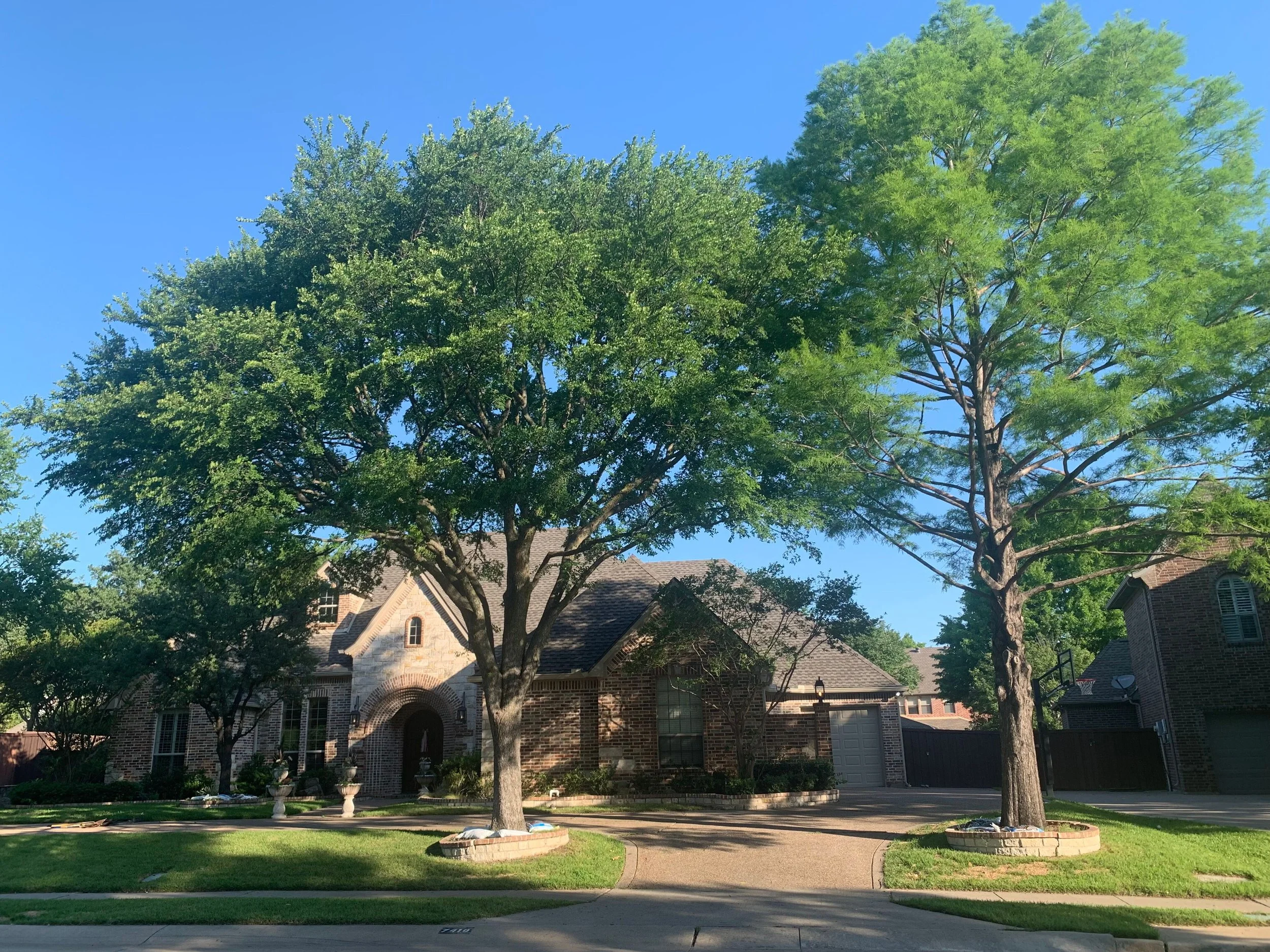Landscape: Weed removal, weed barrier installation, trees and shrubs trimmed, mulch installation provide the fresh update for the front yard. 