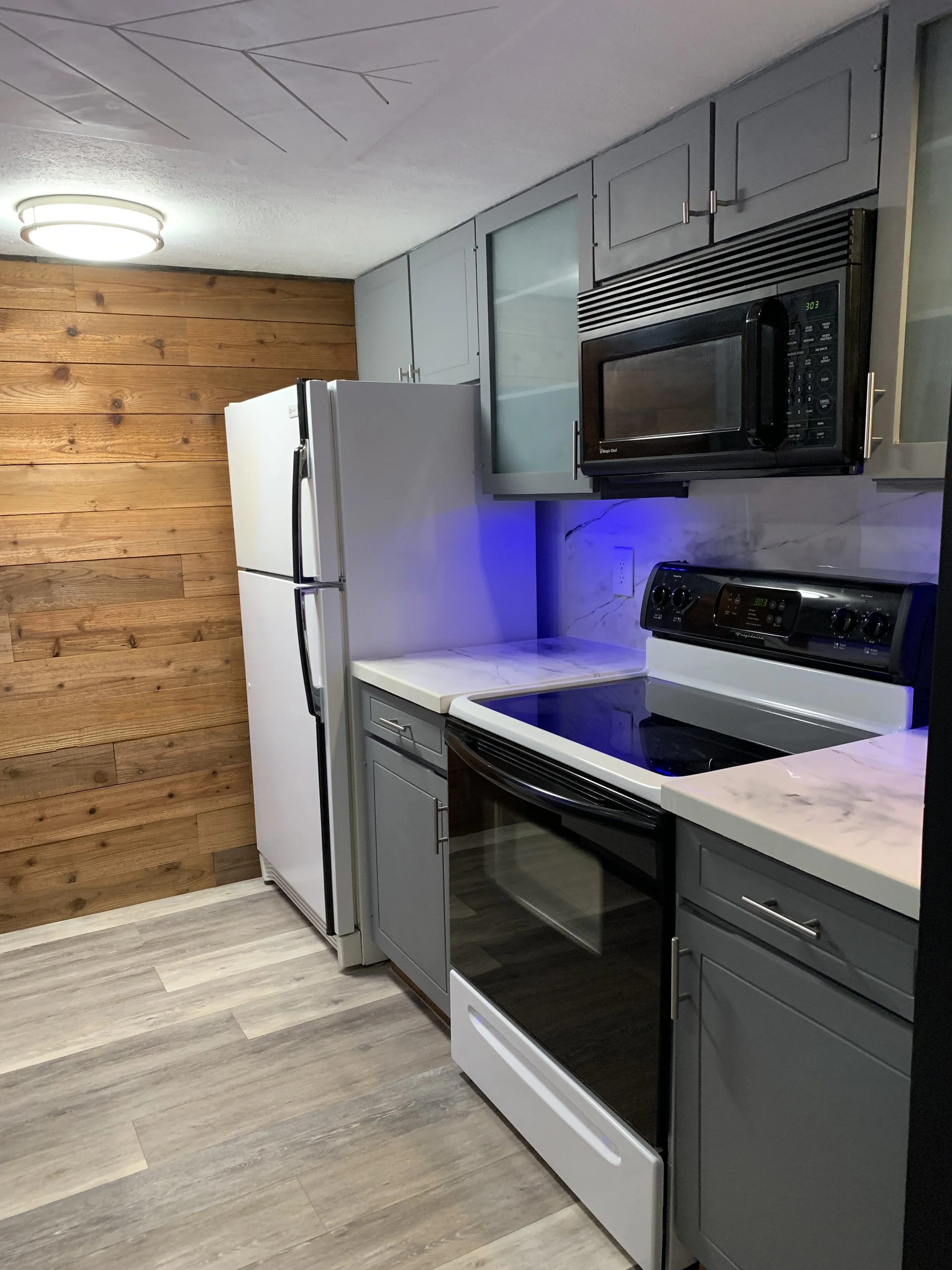 Kitchen: New multi-color LED lighting integrated into updated cabinetry to complement existing appliances