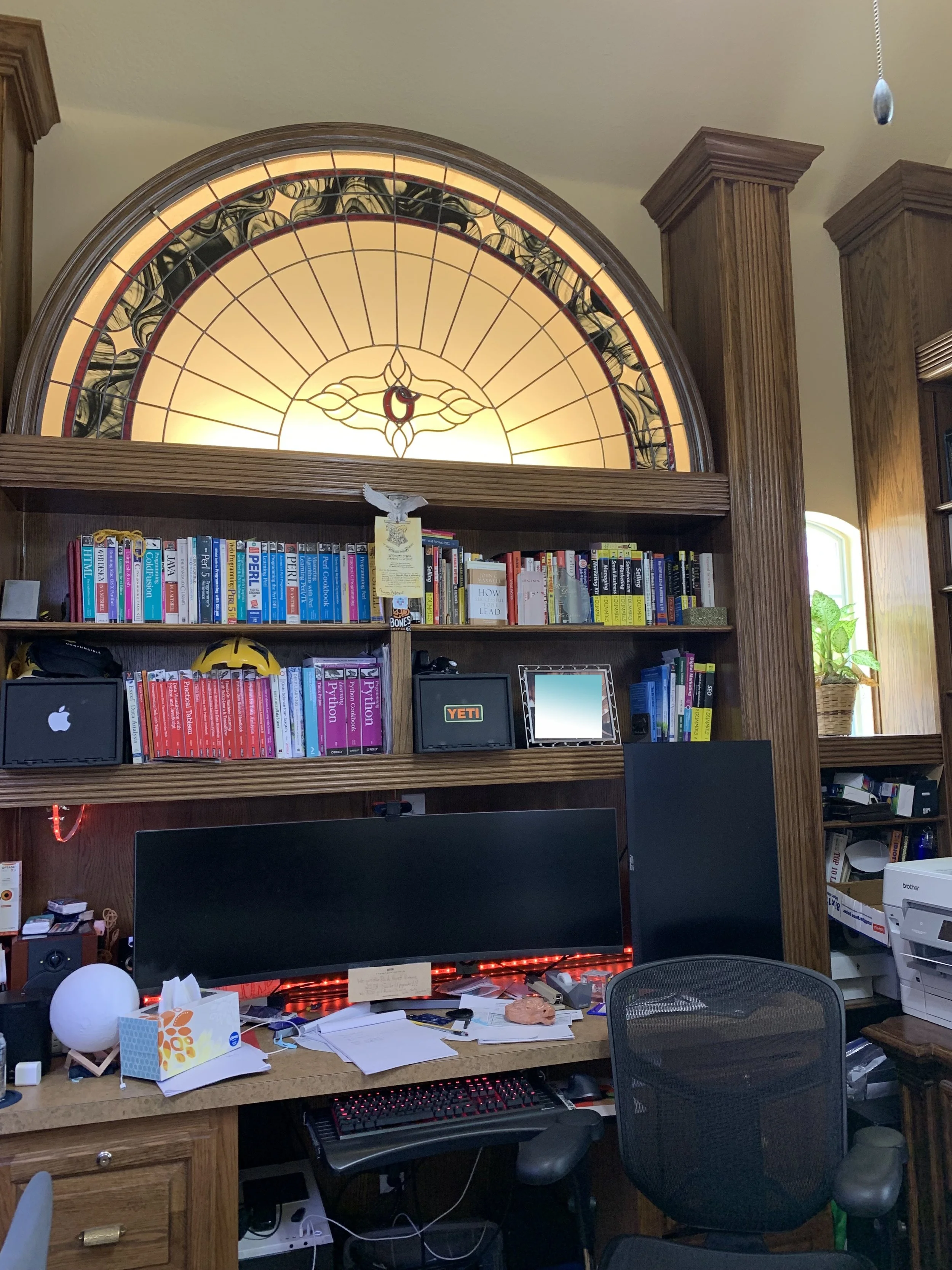 Study: Original wood paneling and traditional built-ins (Before)